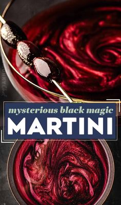 the cover of mysterious black magic by martini, featuring red liquid in a bowl