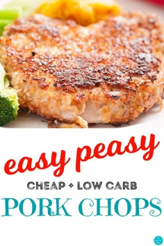 the pork chops are served with broccoli and carrots for an easy, low - carb meal