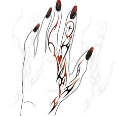 a drawing of a woman's hand with red and black nail designs on it