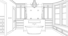 an outline drawing of a bathroom with tub, cabinets and chandelier in it