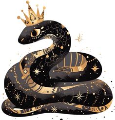 a black and gold snake with a crown on it's head, sitting in front of stars