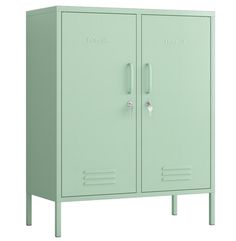 a green cabinet with two doors and handles