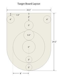 a diagram showing the size and width of a target board layout, with three circles on each side