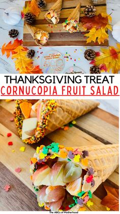 thanksgiving treat cornucopia fruit salad with sprinkles and pine cones