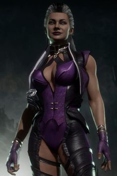 an image of a woman dressed in purple and black outfit with her hands on her hips