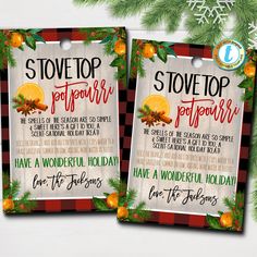 two christmas gift tags with the words stovetop potpourer and snowflakes