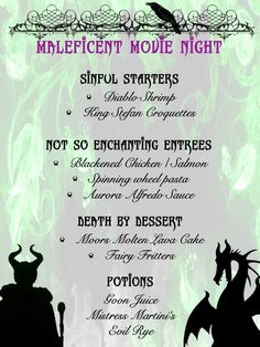 an image of a menu for a halloween themed party with witches and pumpkins on it