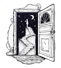 an open door with stairs leading to the moon and stars in the sky - miscellaneous illustrations