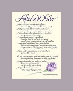 a poem written in purple ink with an image of a flower and the words after a while