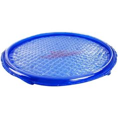 a blue frisbee sitting on top of a white surface