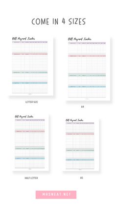 the printable planner is shown in four different sizes