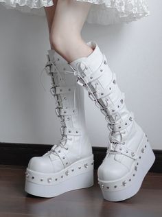 ❤Y2K Rock Diamond Boots❤︎ Diamond Boots, Pink Alternative Fashion, Boots Demonia, Y2k Rock, Kawaii Shoes, Black And White Shoes, Heart Bag, Gift Of Time, Rounded Toe Boots