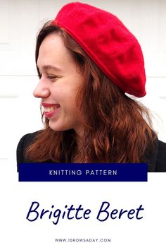 a woman wearing a red hat with the words knitting pattern, brighte beret