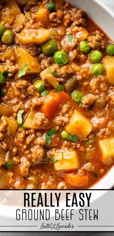 a bowl of stew with text overlay that reads really easy ground beef stew Ground Beef Stew Recipes, Ground Beef Stew, Ground Beef Stews, Hamburger Stew, Ground Beef Recipes Easy, Beef Stew Recipe, Minced Meat, Think Food, Beef Recipes Easy