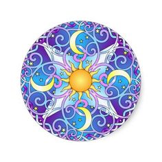 the sun and moon are surrounded by swirls in purple, blue, and yellow