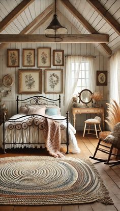 a bedroom with a bed, chair and pictures on the wall above it's headboard