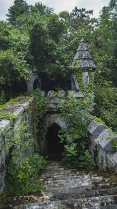 an old stone bridge surrounded by greenery and trees in the background, with stairs leading up to it