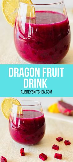 dragon fruit drink in glasses with lemon wedges