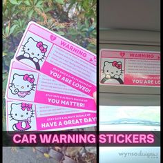 car warning stickers with hello kitty on them