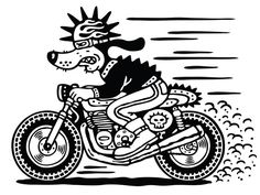 a black and white drawing of a dog riding on a motorbike with clouds in the background