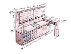 a drawing of a kitchen with an oven and sink in the center, cabinets on both sides