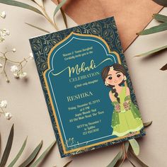 Indian Bride Cartoon, Bride Invitation, Bride Cartoon, Indian Paisley, Teal Green Color, Dinosaur Birthday Invitations, Indian Wedding Couple, Green Cute