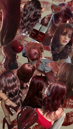 collage of red hair cherry cola red hair Winter Cherry Hair, Fun Hair Color Ideas For Light Brunettes, Dark Red Tips On Brown Hair, Maroon Colored Hair, Red And Blond Curly Hair, Cherry Red Cola Hair, Cherry Red Hair On Brown Hair, Cherry Coca Cola Hair Color, Deep Cherry Red Hair Highlights