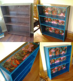 three different views of a blue bookcase with flowers painted on it