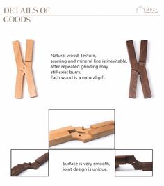 the instructions for making wooden clothes pegs are shown in three different positions, including one with