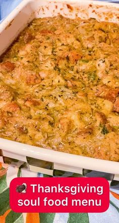 a casserole dish with meat and vegetables in it on a colorful table cloth