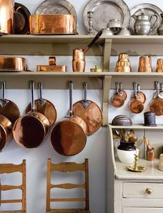 pots and pans are hanging on the wall