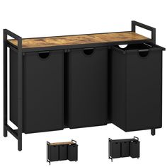 a black cabinet with three bins and two wooden top