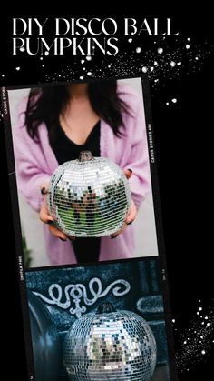 disco ball pumpkins are being held in front of a black background