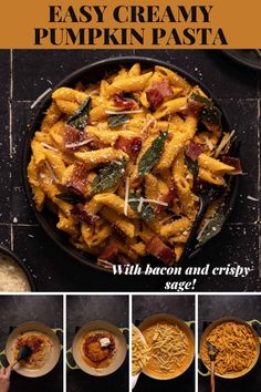 the recipe for easy creamy pumpkin pasta is shown