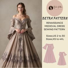 Renaissance Victorian Dress Sewing Pattern,Medieval Dress,Cosplay Dress,Off Shoulder Maxi Dress,Ball Gown,available as an instant download (pdf) sewing pattern bundle with a range of size options, including plus sizes ⭐ US Sizes: 2️⃣, 4️⃣, 6️⃣, 8️⃣, 1️⃣0️⃣, 1️⃣2️⃣, 1️⃣4️⃣, 1️⃣6️⃣, 1️⃣8️⃣, 2️⃣0️⃣, 2️⃣2️⃣, 2️⃣4️⃣, 2️⃣6️⃣, 2️⃣8️⃣, 3️⃣0️⃣ ⭐ Standard Sizes: XS, S, M, L, XL, 2XL, 3XL, 4XL 🧵 These patterns are compatible with A4, A0, and US Letter size papers. 🪡 After your payment is processed, you w Victorian Dress Sewing Patterns, Fantasy Dress Patterns, Simple Gown Pattern, Renisance Dresses, Ball Gown Sewing Pattern, Victorian Dress Pattern, Gown Patterns, Stylish Sewing Patterns