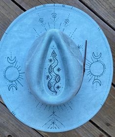 Celestial Snake Hand burned, celestial blue, adjustable size medium (fits most people), vegan suede, one of a kind, rancher hat. Perfect for a fall festival! Custom hat band can be added. Cool Cowboy Hats, Burn Hats, Decorated Hats, Celestial Snake, Cowboy Hat Bands, Outback Hat, Celestial Blue, Hand Burn, Rancher Hat