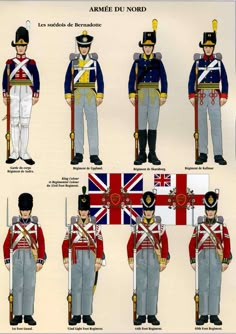 the british army uniforms and insignias are shown in different styles, from blue to red