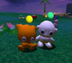 an animated image of two small animals in the grass with balls flying above them and palm trees