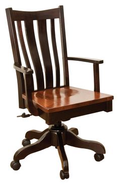 a wooden office chair with wheels on an isolated white background