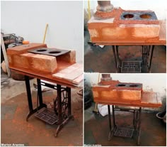 three pictures of an old fashioned stove being worked on with bricks and grates to make them look like they are made out of wood