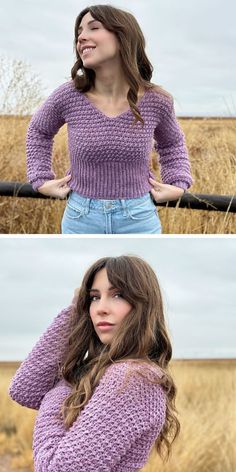 two photos of a woman wearing a purple sweater and jeans with her hands on her head