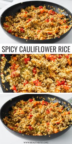 two pictures showing how to make spicy cauliflower rice in a skillet on the stove