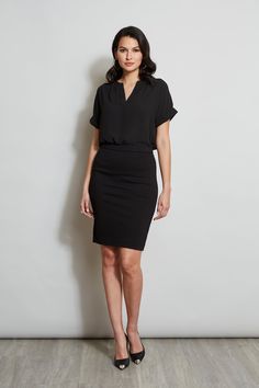 This figure-flattering pencil skirt gets a modern update in a seasonless crepe fabric for a look that stays sleek yet sophisticated. T-Tahari Crepe Knee Length Pencil Skirt Runs true to size. Model is 5'9" and wearing size 2 Dry Clean Only Imported Style #: THF41044 Black Lined Skirt Dress For Work, Flattering Pencil Skirt For Workwear, Georgette Shirt, Knee Length Pencil Skirt, Knee Length Skirt Pencil, Pencil Skirt Black, Long Sleeve Short Dress, Crepe Fabric, Knit Jacket