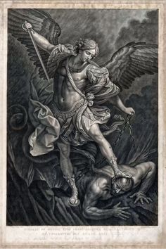 an angel with wings on top of a man's head and another demon in the background