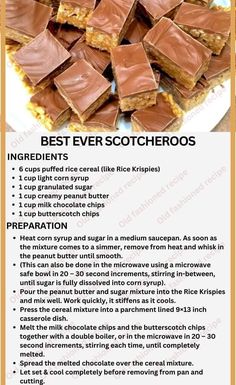 a recipe for best ever scotcheroos on a white plate with chocolate in the middle