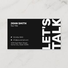 a black and white business card with the word talk on it's front side