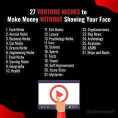 a hand holding a computer screen with the words 27 youtube niches to make money without showing