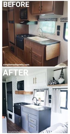 before and after pictures of a kitchen remodel with white cabinets, black appliances, and wood flooring