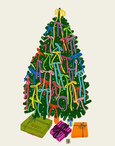 a drawing of a christmas tree with presents around it