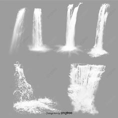 four different views of waterfalls in black and white with water splashing down them